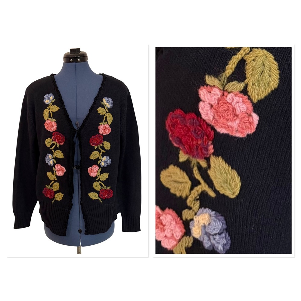 Vtg Tiara International Black Floral Embroidered Tie Front Cardigan Cottage L